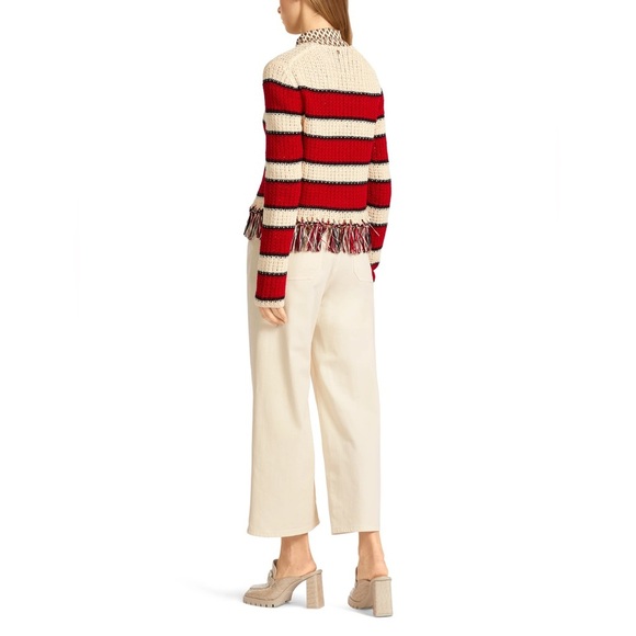 Marc Cain Red Striped Organic Cotton Cardigan Fringe Hem Knit Germany Size 6 - Picture 2 of 16